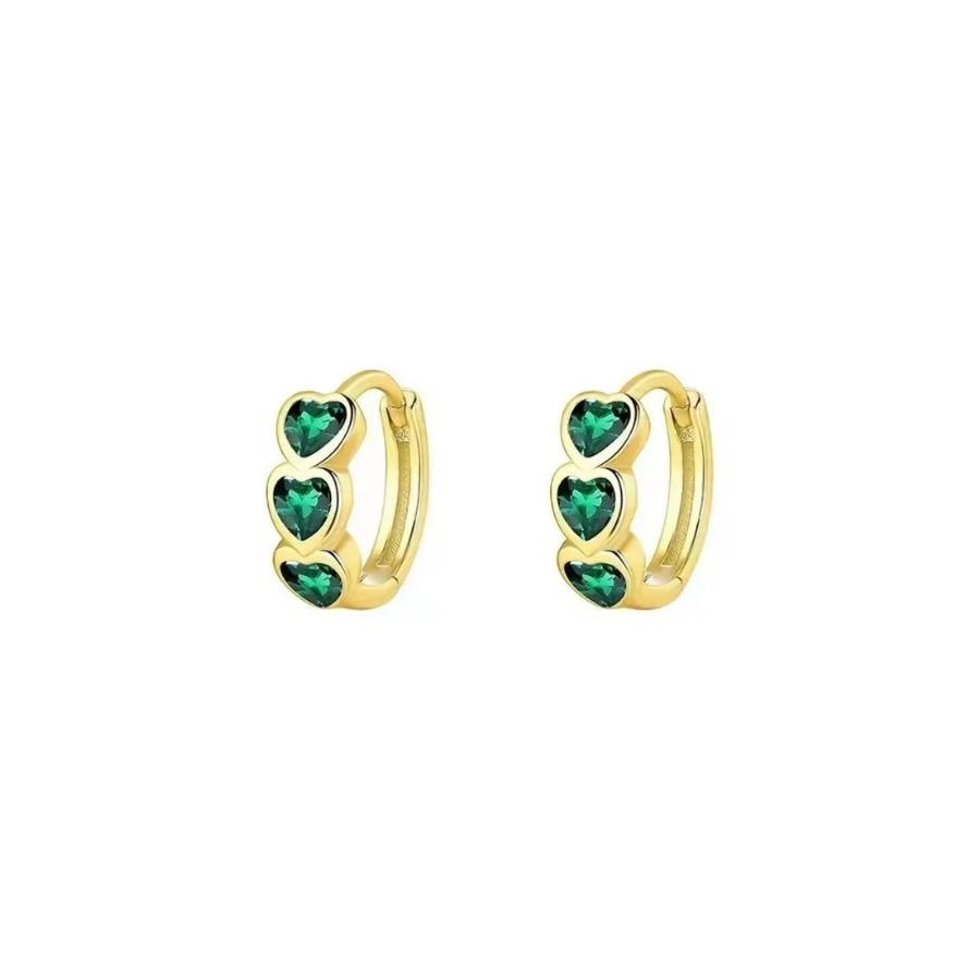 Gold Sapphire Blue Huggie CZ Triple Heart Earrings