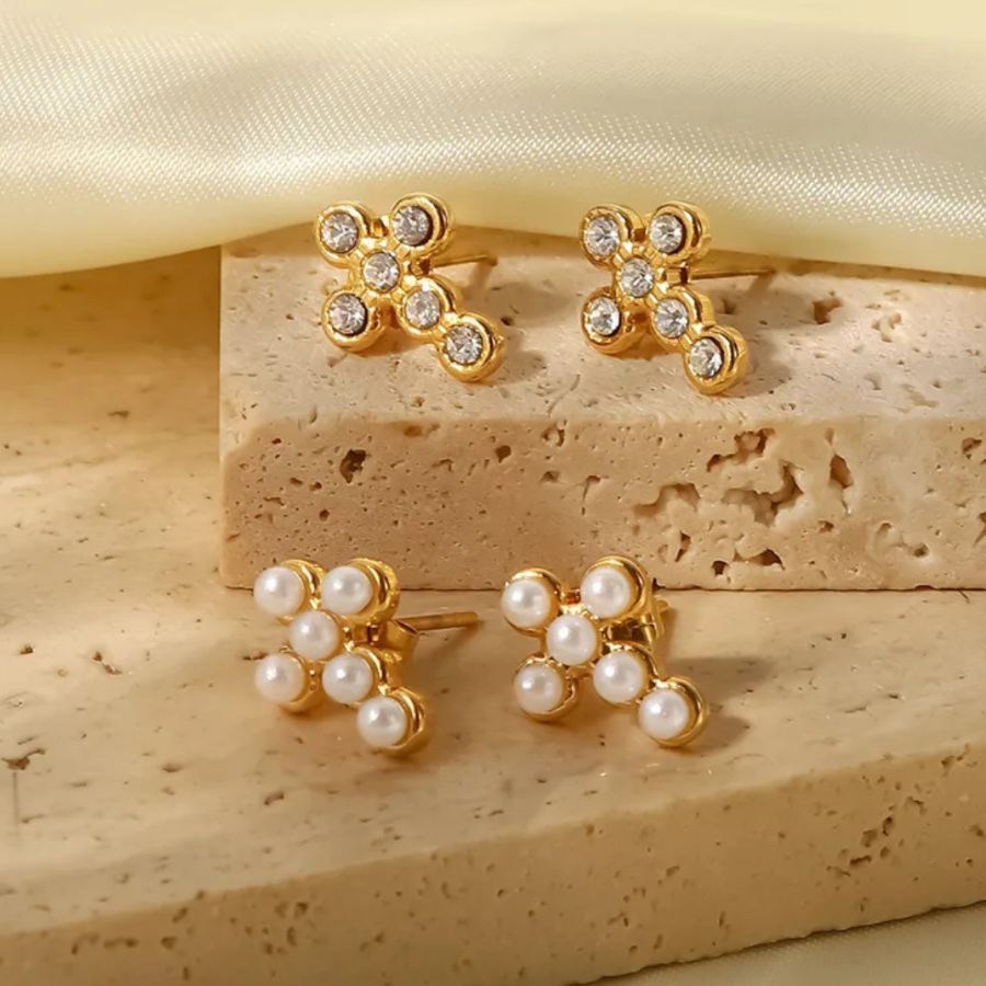 Gold Pearl Cross Earrings