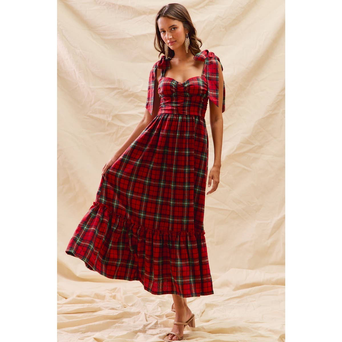 CHRISTMAS CHECK PLAID WOVEN HOLIDAY MIDI DRESS: RED MULTI / S