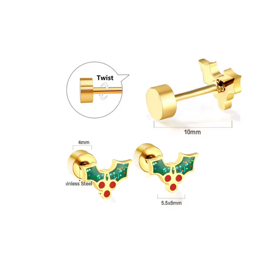 Gold Christmas Mistletoe Flat Back Studs