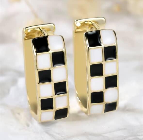 Gold White and Green Checkered Oval Huggie Earrings