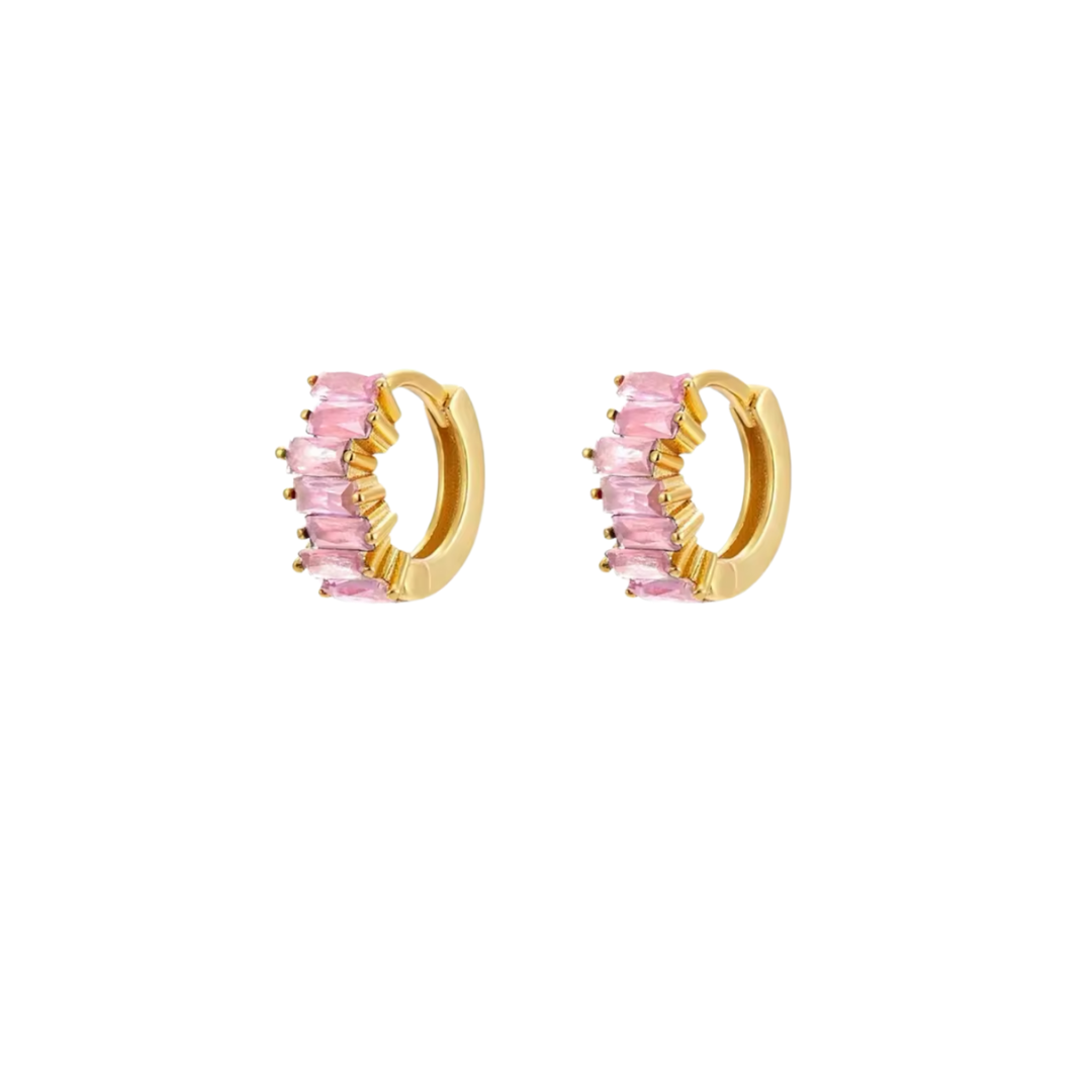 Gold Huggie Earrings with Pink CZ