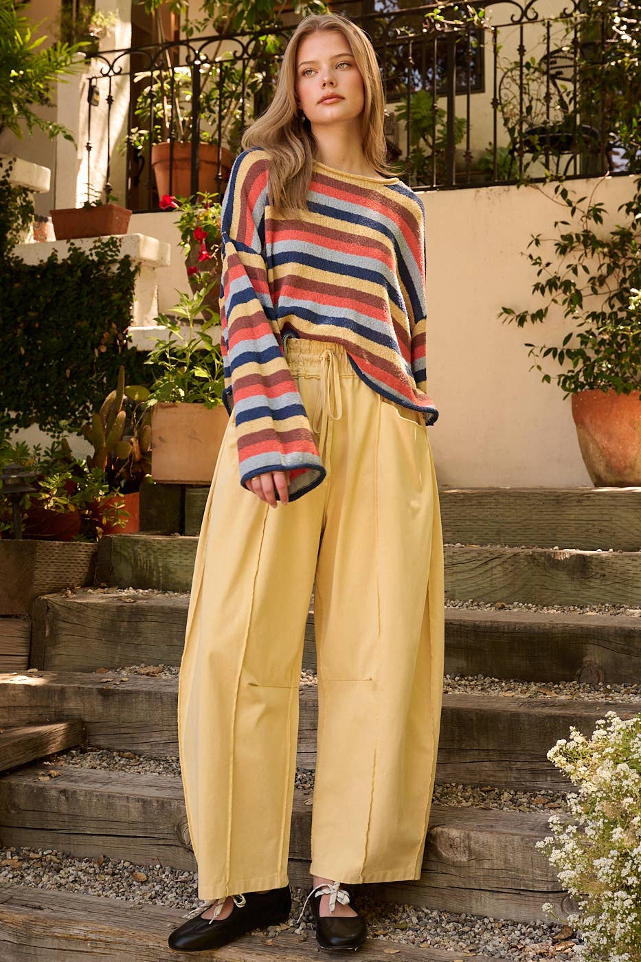 MINERAL WASH SEAM DETAIL PULL ON BARREL PANTS: HONEY GOLD / S-M-L(2-2-2)
