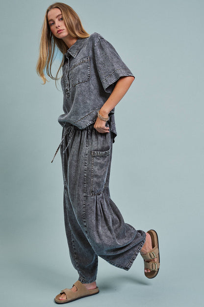 Washed Denim Utility Wide Leg Pants With Cargo Pockets: Pink / S-M-L