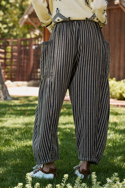 Striped Cotton Drawstring Harem Pants: TAUPE / S-M-L:2-2-2