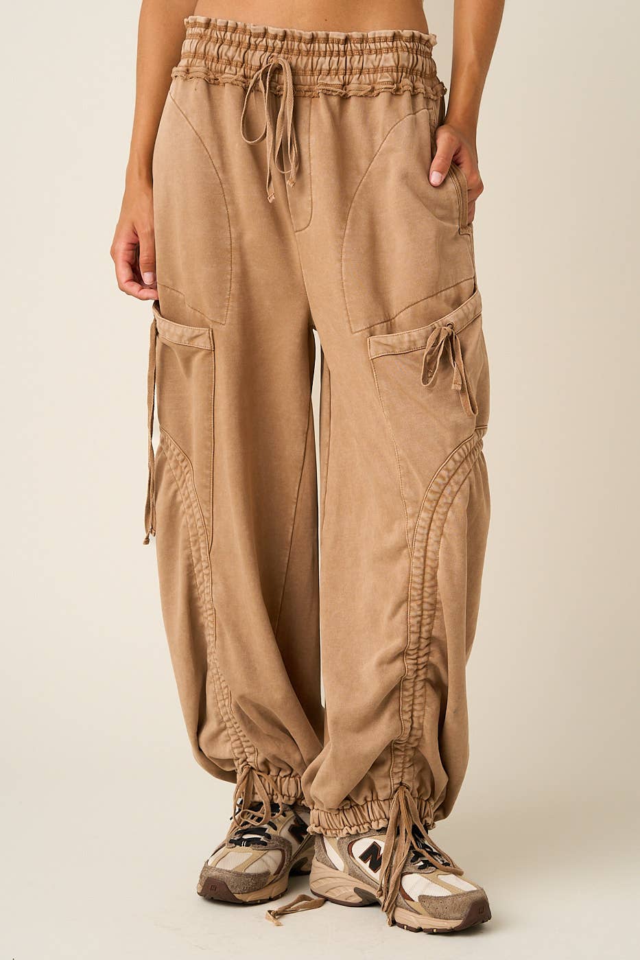 WASHED FRENCH TERRY DROP POCKET BALLOON PANTS: CAMEL / S-M-L(2-2-2)