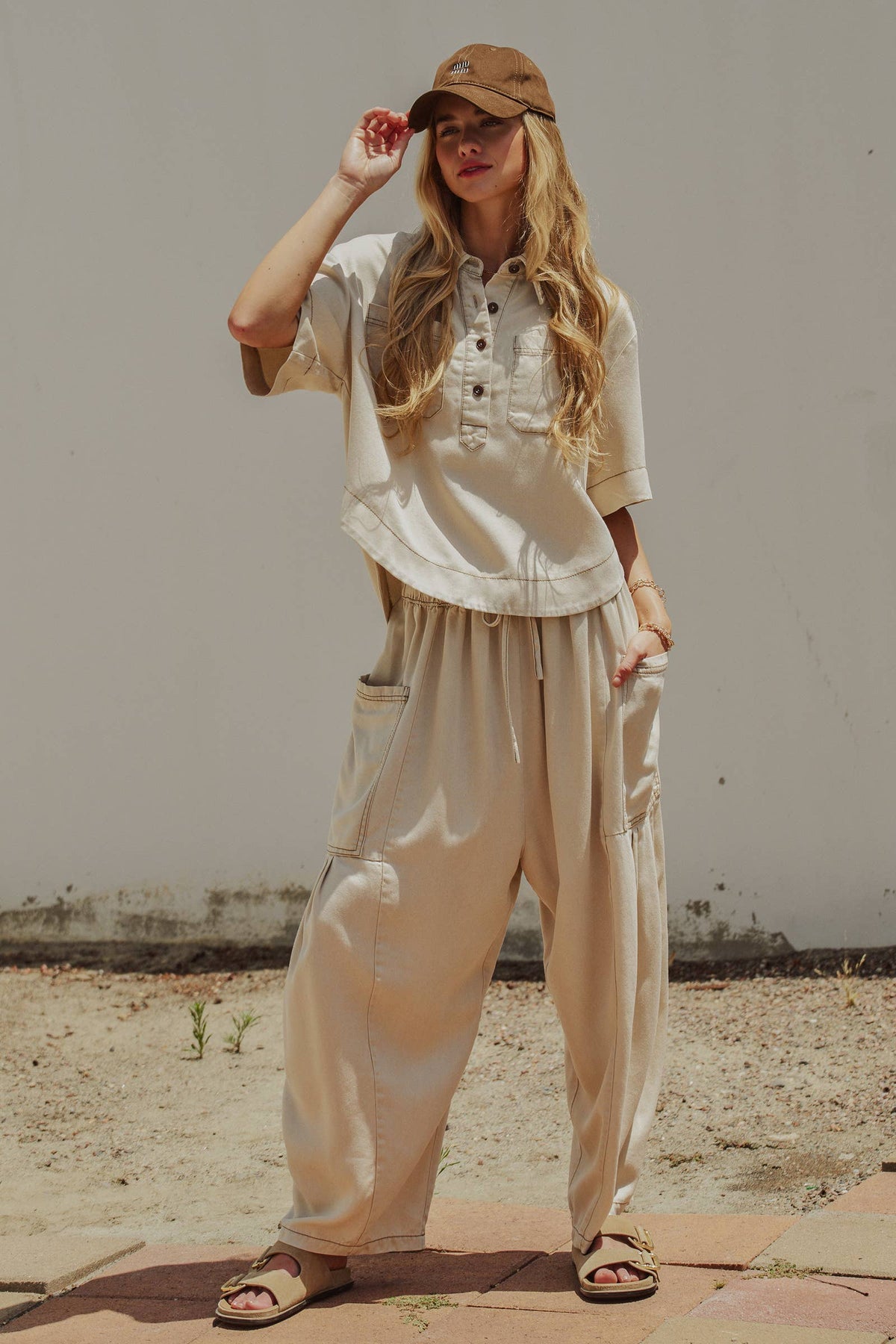 Washed Denim Utility Wide Leg Pants With Cargo Pockets: Pink / S-M-L