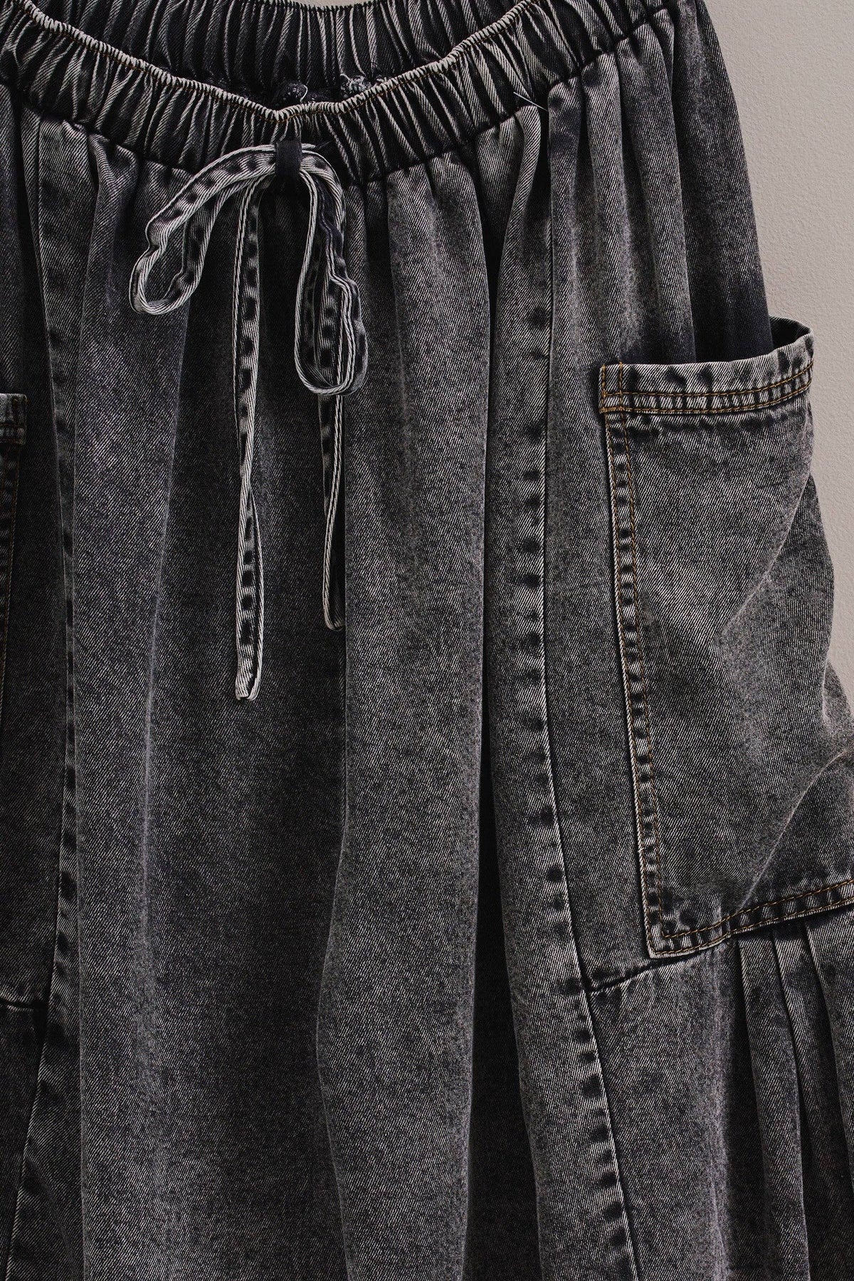 Washed Denim Utility Wide Leg Pants With Cargo Pockets: Pink / S-M-L