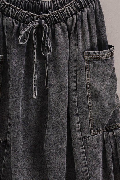 Washed Denim Utility Wide Leg Pants With Cargo Pockets: Pink / S-M-L