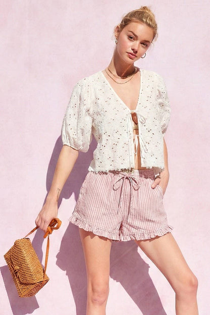 IM8278 - Striped Cotton Ruffle Shorts: BLUE / S-M-L (3-2-1)