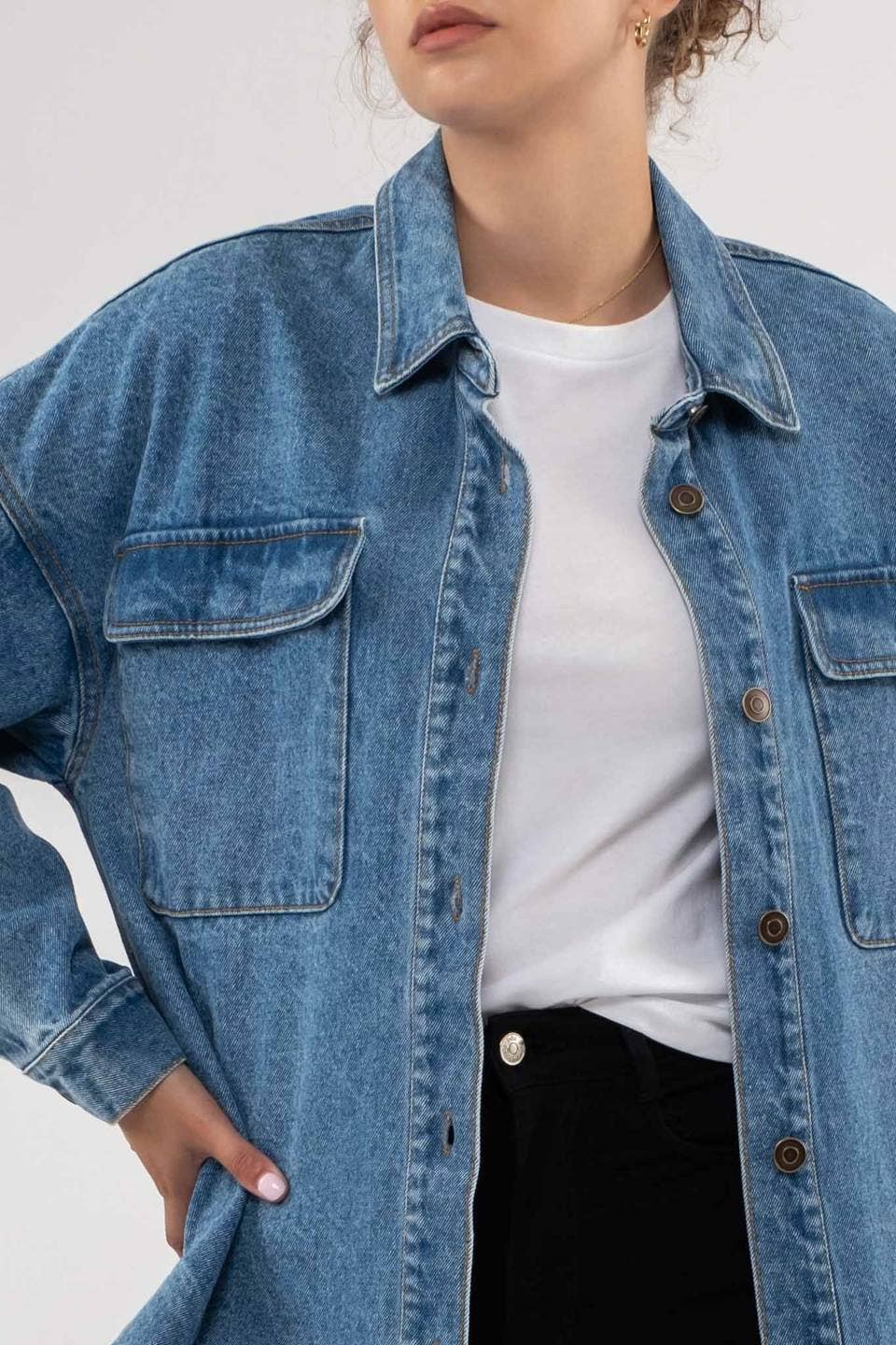 DROP SHOULDER DENIM SHACKET: DENIM