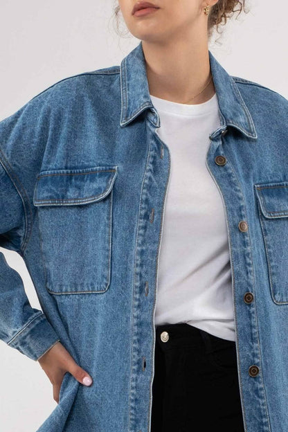 DROP SHOULDER DENIM SHACKET: DENIM