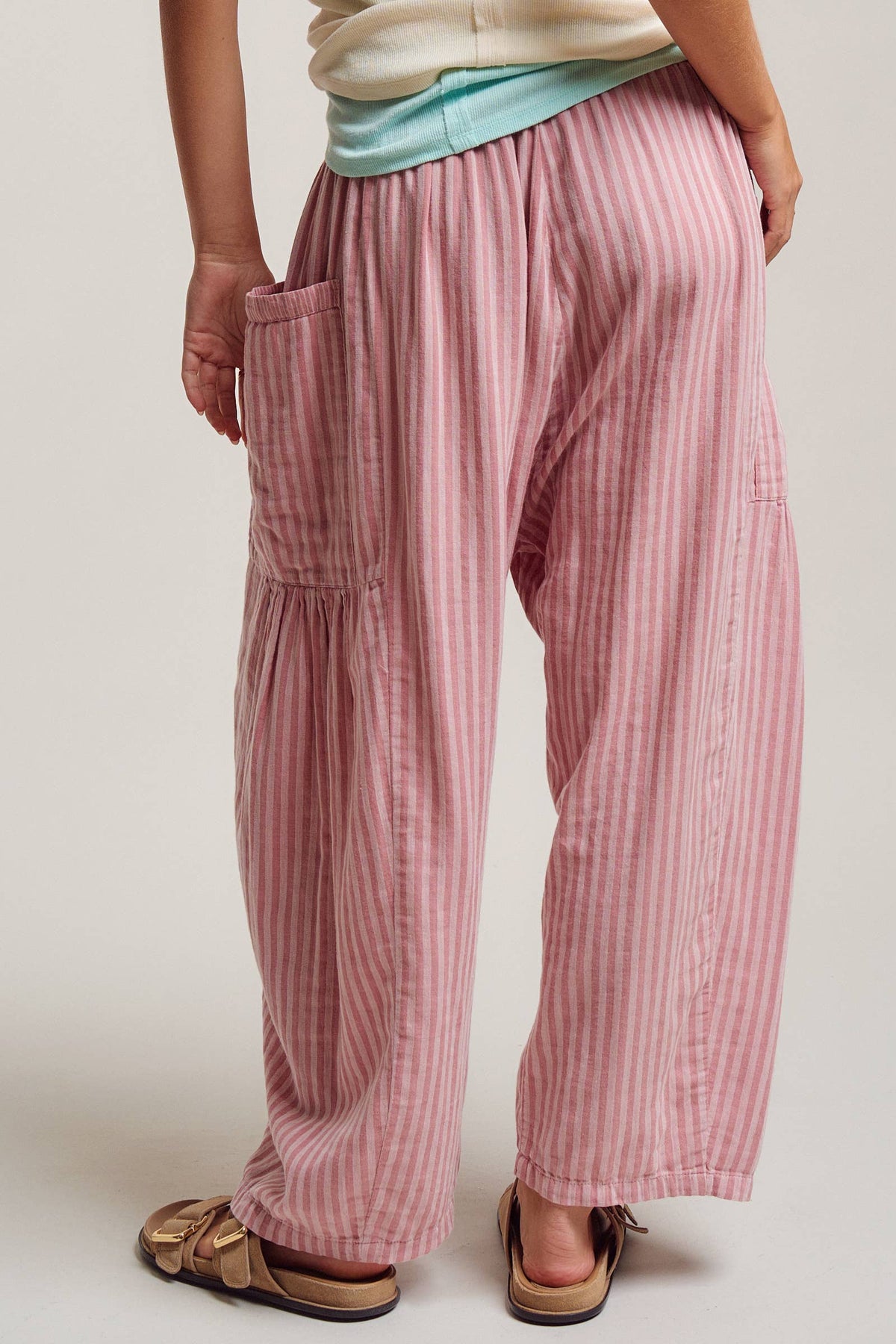 Striped Cotton Drawstring Harem Pants: TAUPE / S-M-L:2-2-2