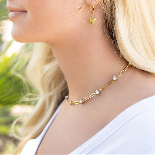 Gold Paperclip Chain and Crystal Stone Necklace