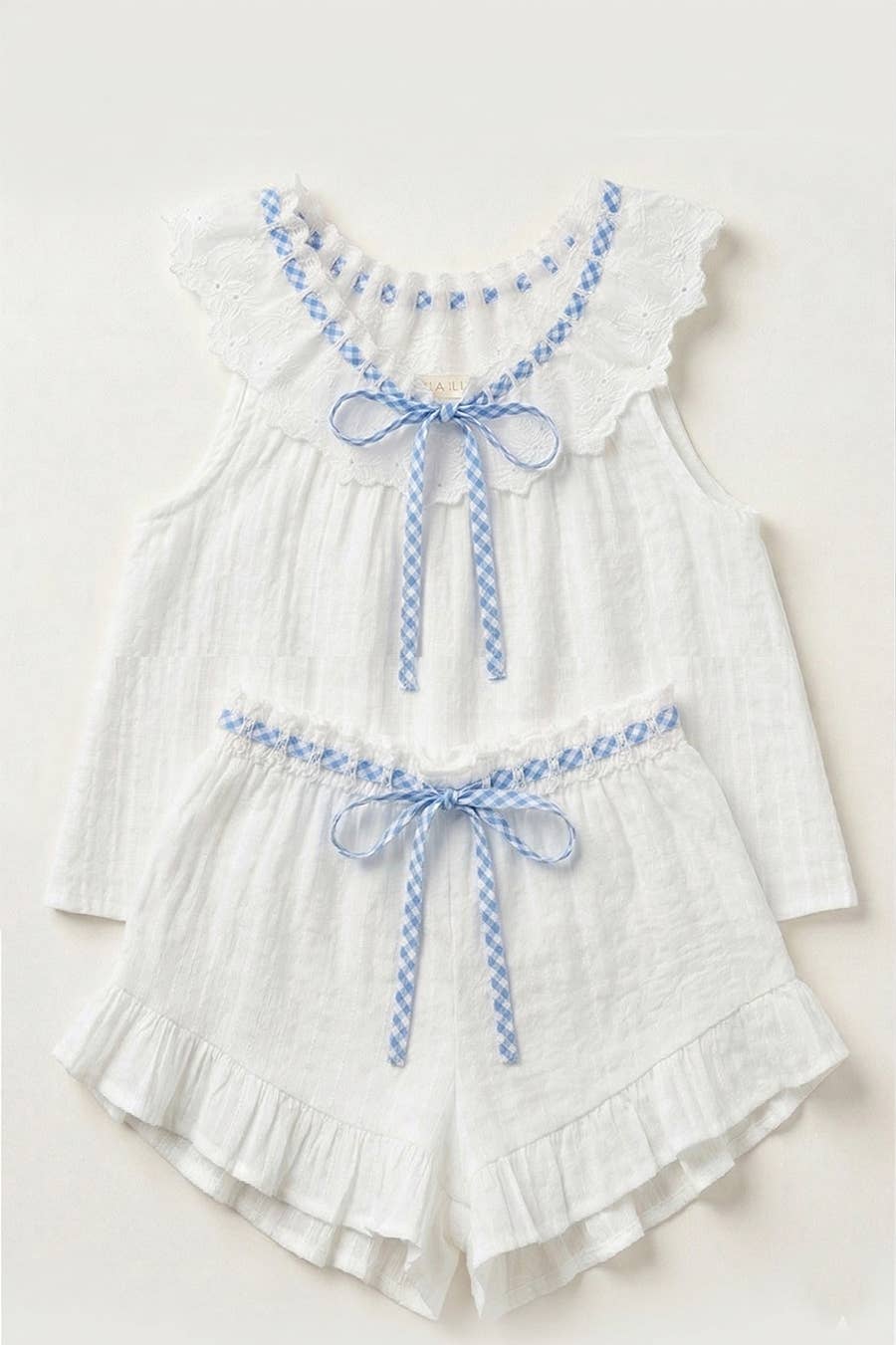 IT1192 -Contrast Trim Tie Strap 2 Piece Short Set: WHITE/BLUE / S-M-L (3-2-1)