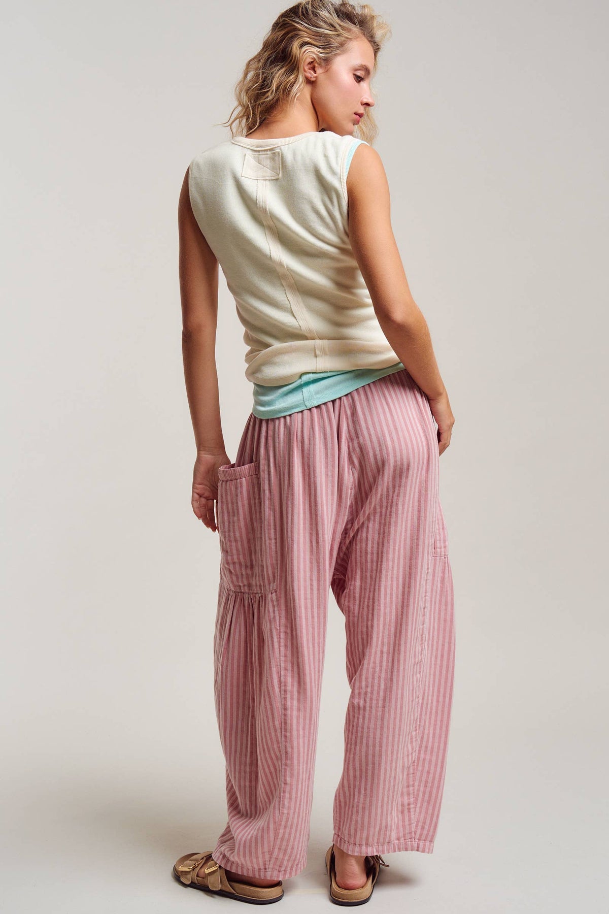 Striped Cotton Drawstring Harem Pants: TAUPE / S-M-L:2-2-2
