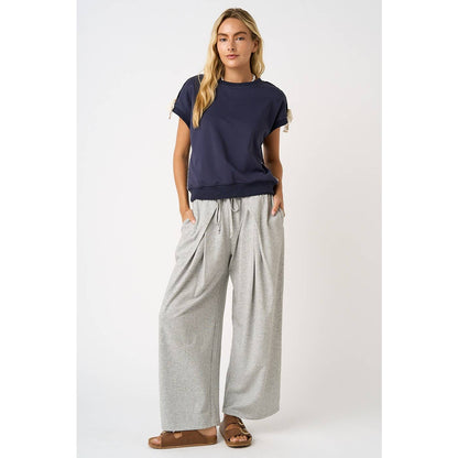 PLEATED FRONT ELASTIC WAIST WIDE LEG PANTS: H.GREY / S-M-L(2-2-2)