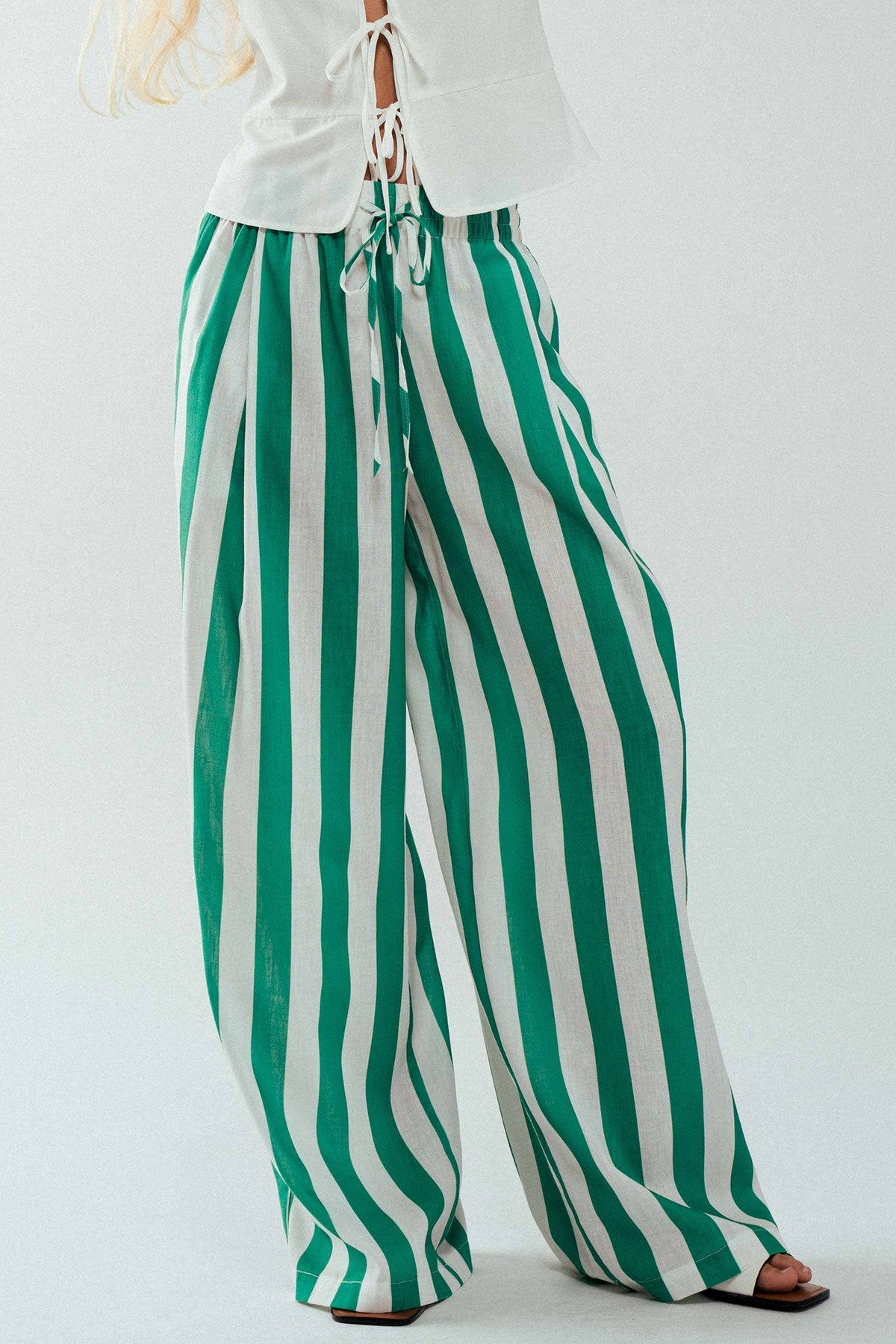 Breezy Linen-Blend Striped Wide-Leg Pants: GREEN / S-2/M-2/L-2