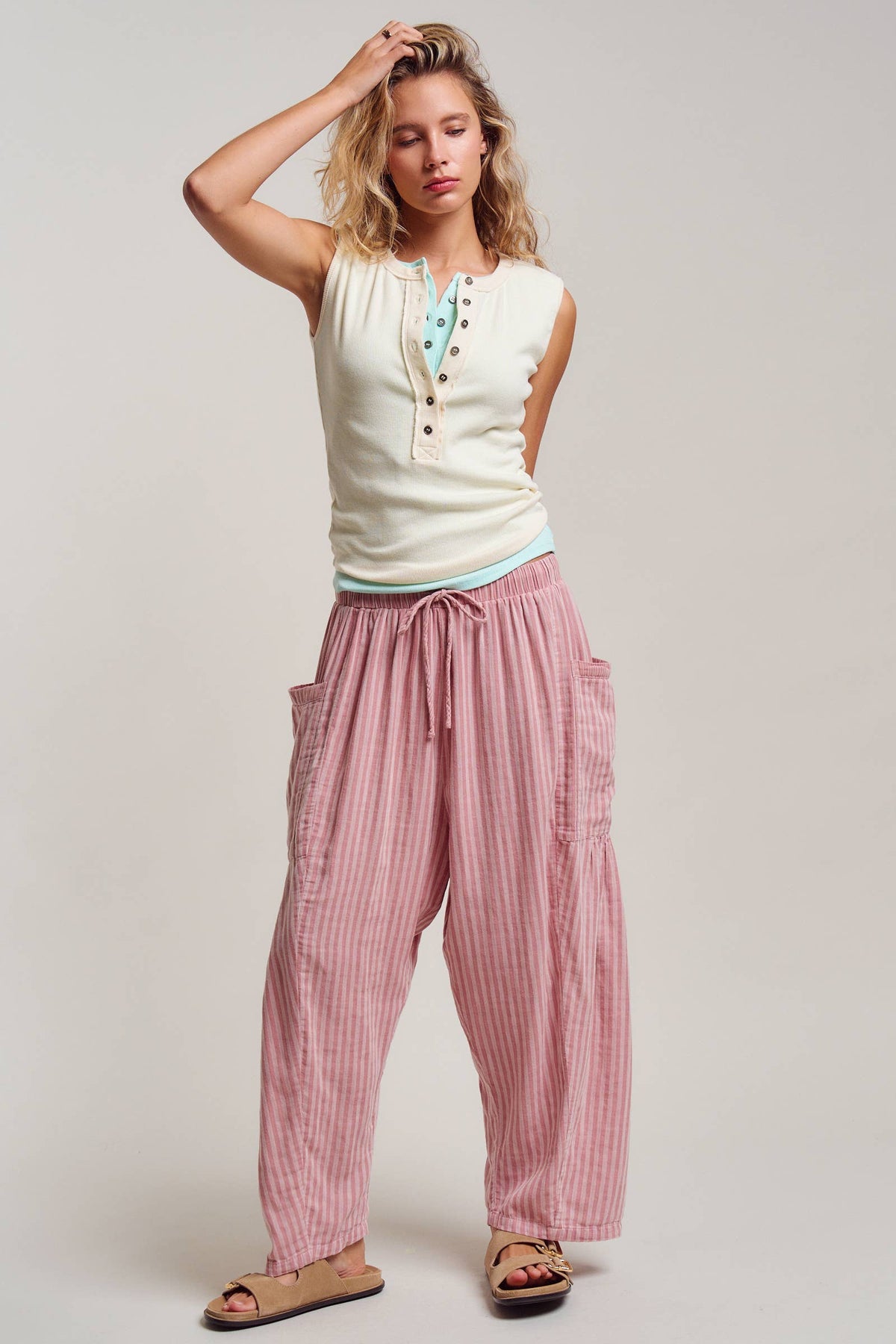 Striped Cotton Drawstring Harem Pants: TAUPE / S-M-L:2-2-2