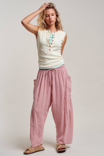Striped Cotton Drawstring Harem Pants: Navy / S-M-L:2-2-2