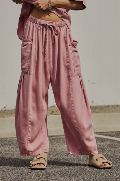 Washed Denim Utility Wide Leg Pants With Cargo Pockets: Pink / S-M-L