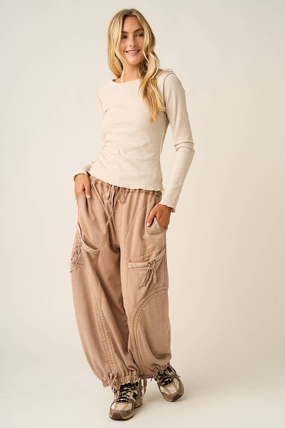 WASHED FRENCH TERRY DROP POCKET BALLOON PANTS: CAMEL / S-M-L(2-2-2)