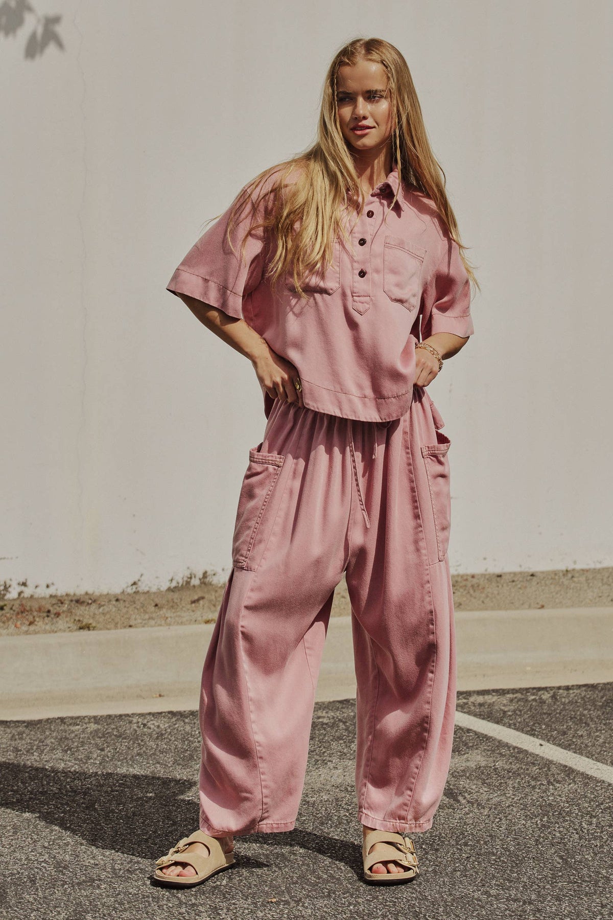 Washed Denim Utility Wide Leg Pants With Cargo Pockets: Pink / S-M-L