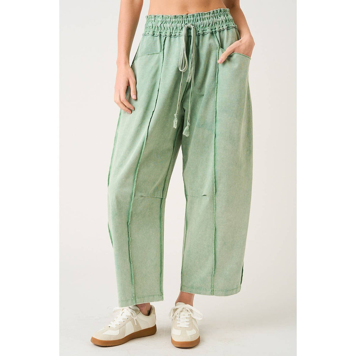 MINERAL WASH SEAM DETAIL PULL ON BARREL PANTS: HONEY GOLD / S-M-L(2-2-2)