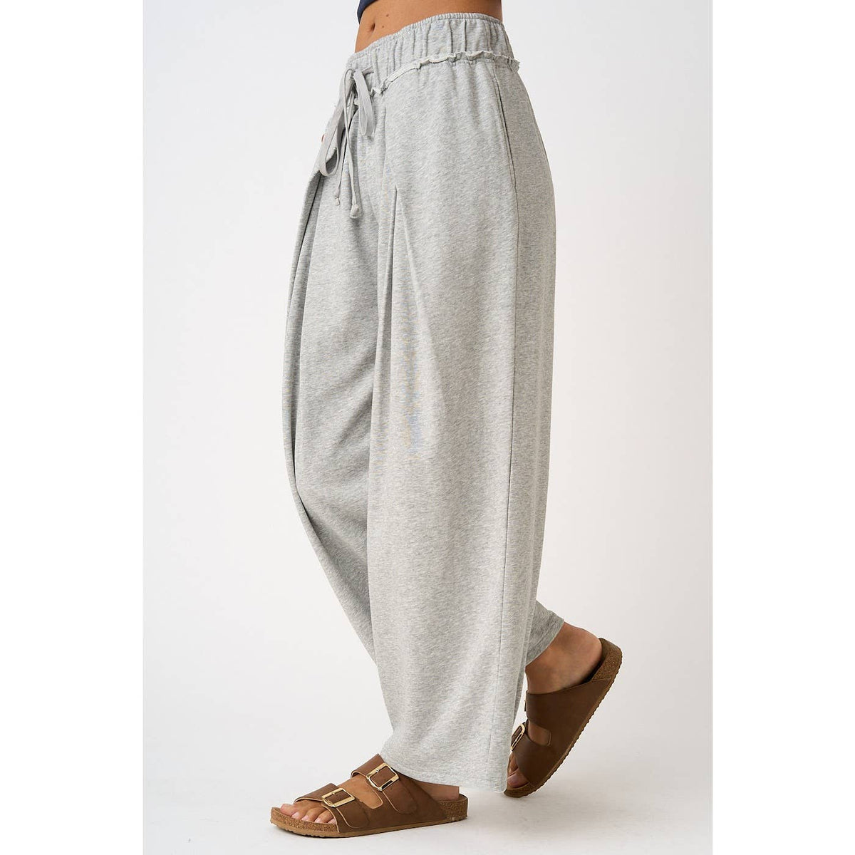 PLEATED FRONT ELASTIC WAIST WIDE LEG PANTS: H.GREY / S-M-L(2-2-2)