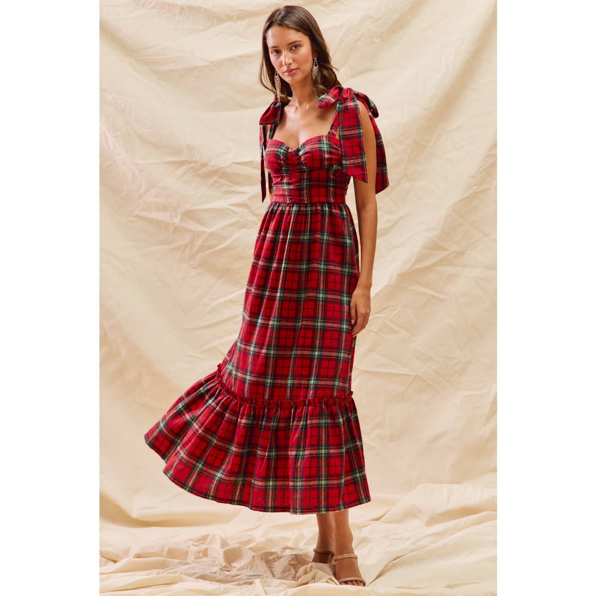 CHRISTMAS CHECK PLAID WOVEN HOLIDAY MIDI DRESS: RED MULTI / XL