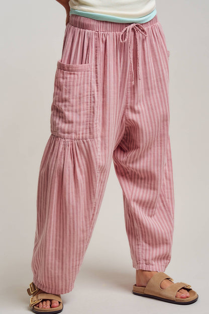 Striped Cotton Drawstring Harem Pants: TAUPE / S-M-L:2-2-2
