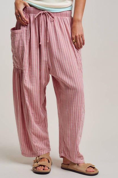 Striped Cotton Drawstring Harem Pants: TAUPE / S-M-L:2-2-2