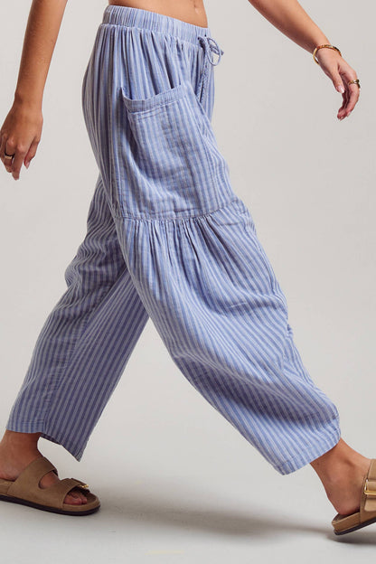Striped Cotton Drawstring Harem Pants: TAUPE / S-M-L:2-2-2