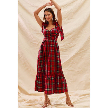 CHRISTMAS CHECK PLAID WOVEN HOLIDAY MIDI DRESS: RED MULTI / M