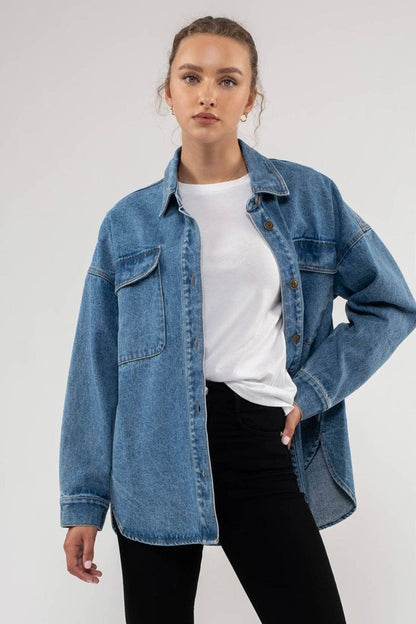 DROP SHOULDER DENIM SHACKET: DENIM