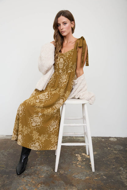 MEDALLION PATTERN TIE STRAP MIDI DRESS: DARK OLIVE MULTI