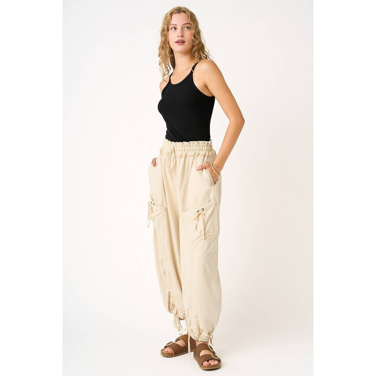 WASHED FRENCH TERRY DROP POCKET BALLOON PANTS: CAMEL / S-M-L(2-2-2)