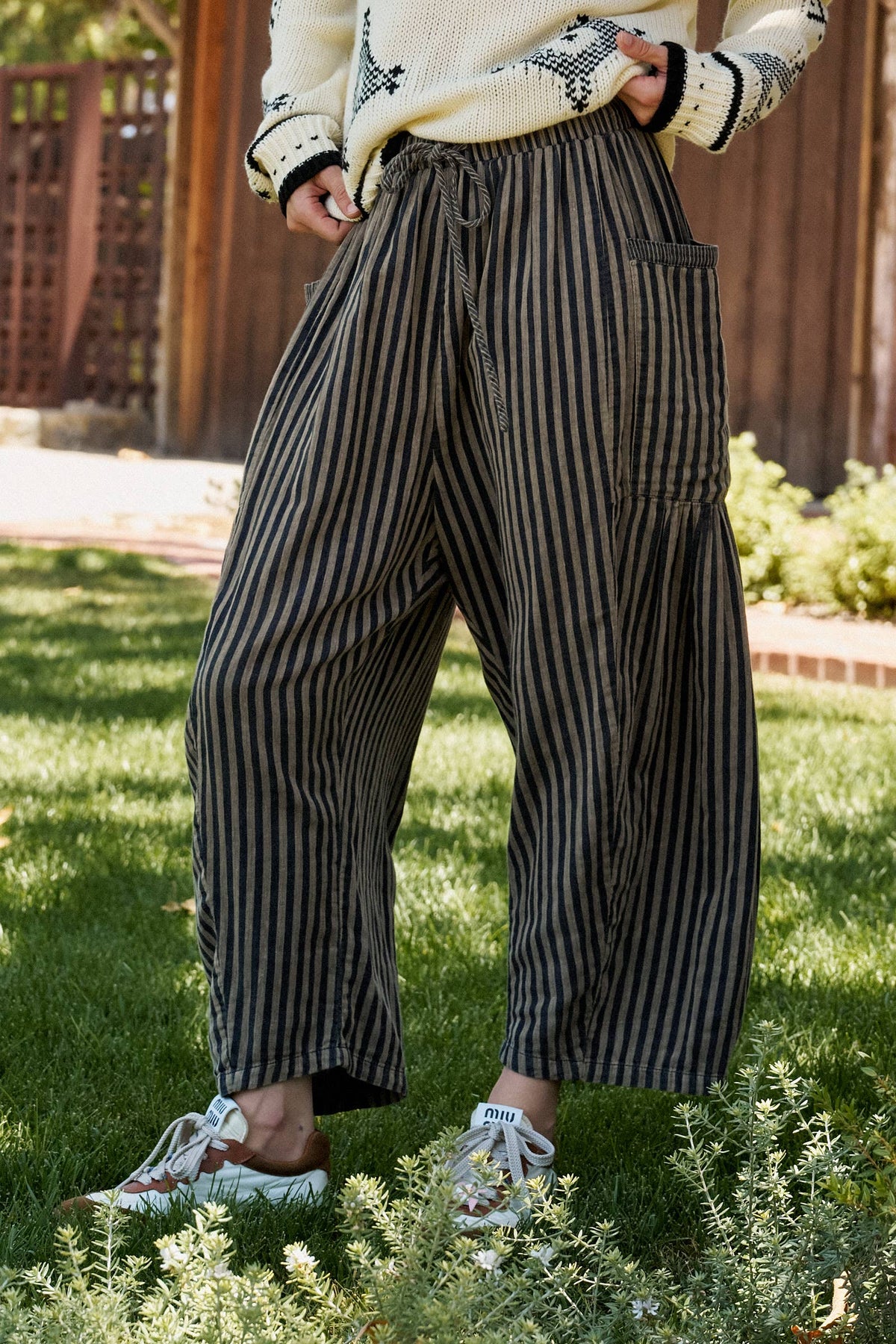 Striped Cotton Drawstring Harem Pants: TAUPE / S-M-L:2-2-2
