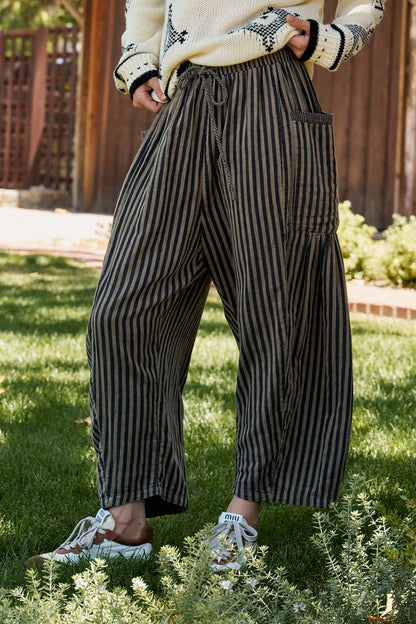Striped Cotton Drawstring Harem Pants: TAUPE / S-M-L:2-2-2