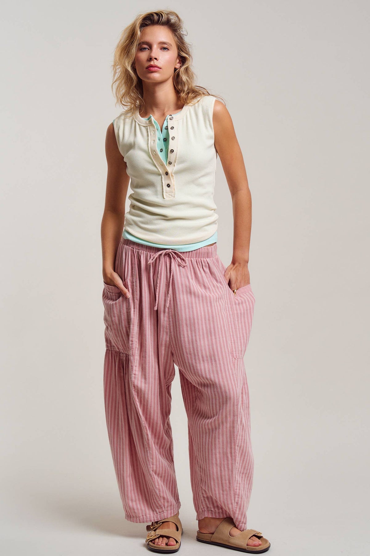 Striped Cotton Drawstring Harem Pants: Navy / S-M-L:2-2-2