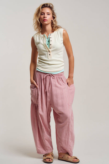 Striped Cotton Drawstring Harem Pants: Navy / S-M-L:2-2-2