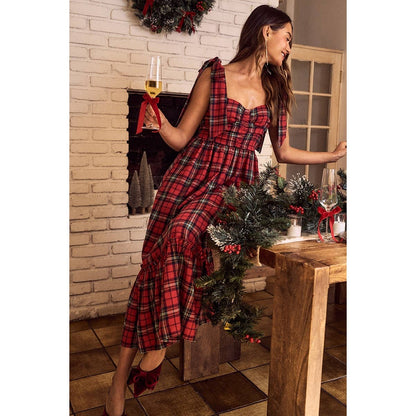 CHRISTMAS CHECK PLAID WOVEN HOLIDAY MIDI DRESS: RED MULTI / XL