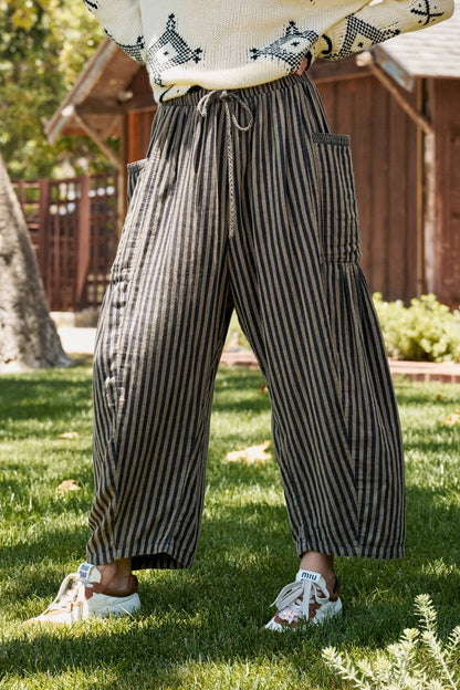 Striped Cotton Drawstring Harem Pants: Navy / S-M-L:2-2-2
