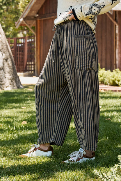 Striped Cotton Drawstring Harem Pants: Navy / S-M-L:2-2-2