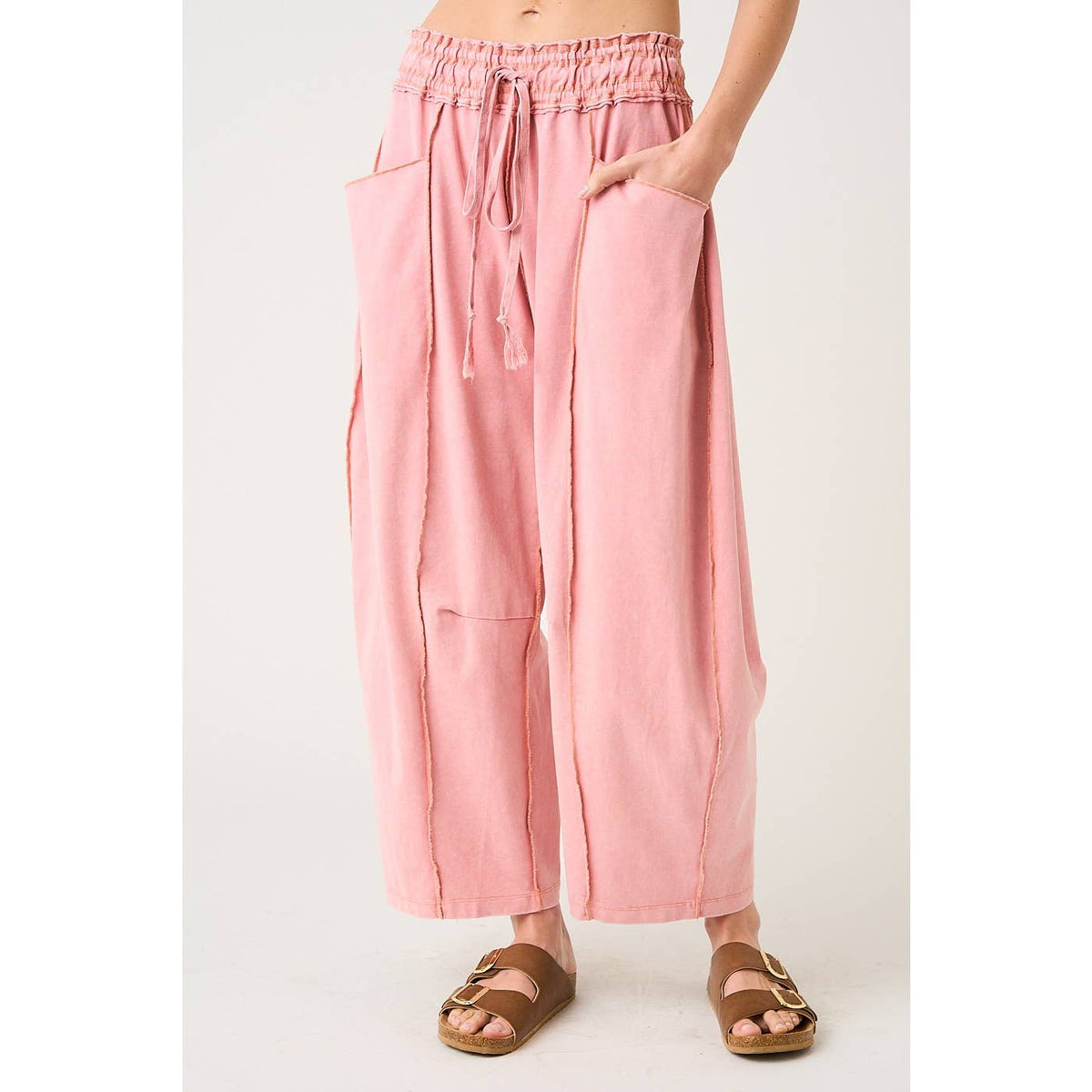 MINERAL WASH SEAM DETAIL PULL ON BARREL PANTS: HONEY GOLD / S-M-L(2-2-2)
