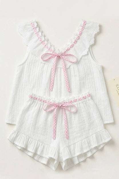 IT1192 -Contrast Trim Tie Strap 2 Piece Short Set: WHITE/ORANGE / S-M-L (3-2-1)