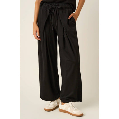 PLEATED FRONT ELASTIC WAIST WIDE LEG PANTS: H.GREY / S-M-L(2-2-2)