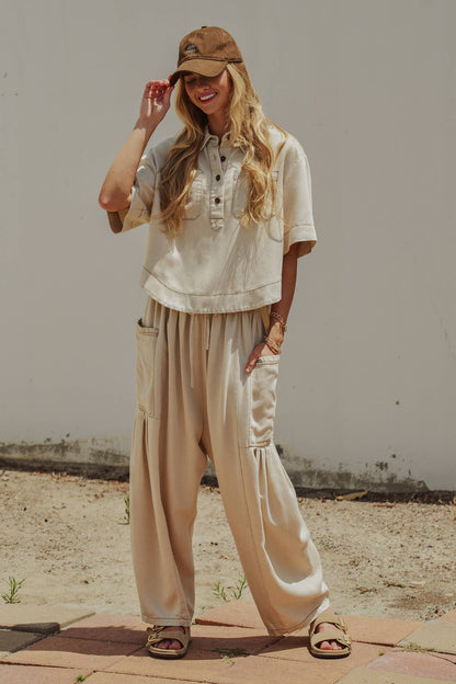 Washed Denim Utility Wide Leg Pants With Cargo Pockets: Pink / S-M-L