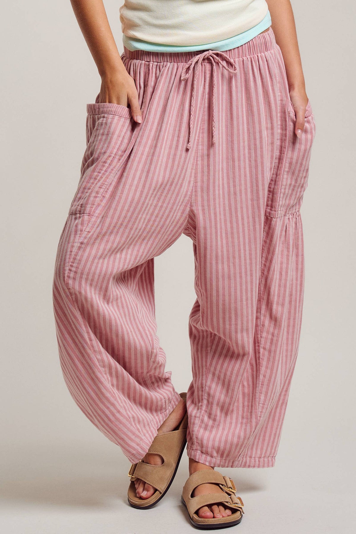 Striped Cotton Drawstring Harem Pants: TAUPE / S-M-L:2-2-2