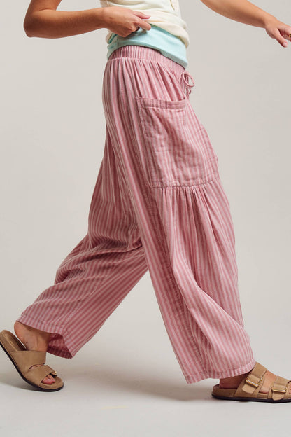 Striped Cotton Drawstring Harem Pants: Navy / S-M-L:2-2-2
